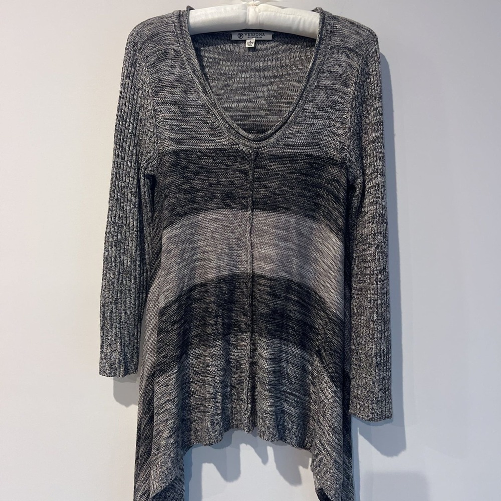 Versona Women's Size S Marled Gray Black Striped Handkerchief Hem Sweater